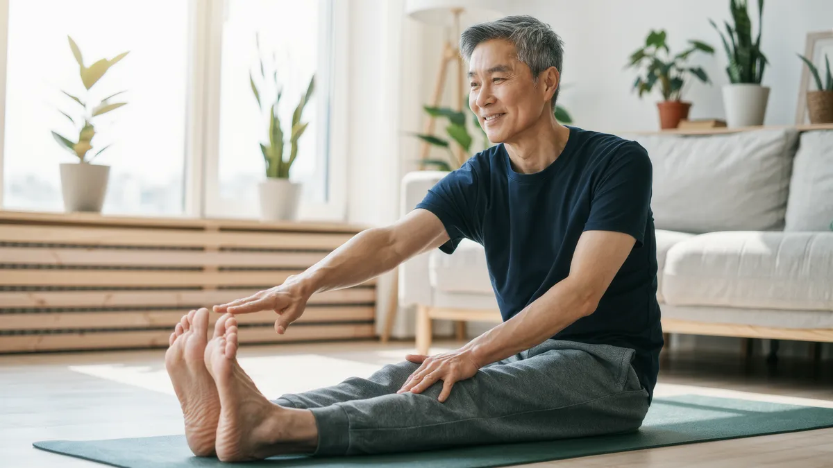 A man in his fifties doing a calm stretching routine at home