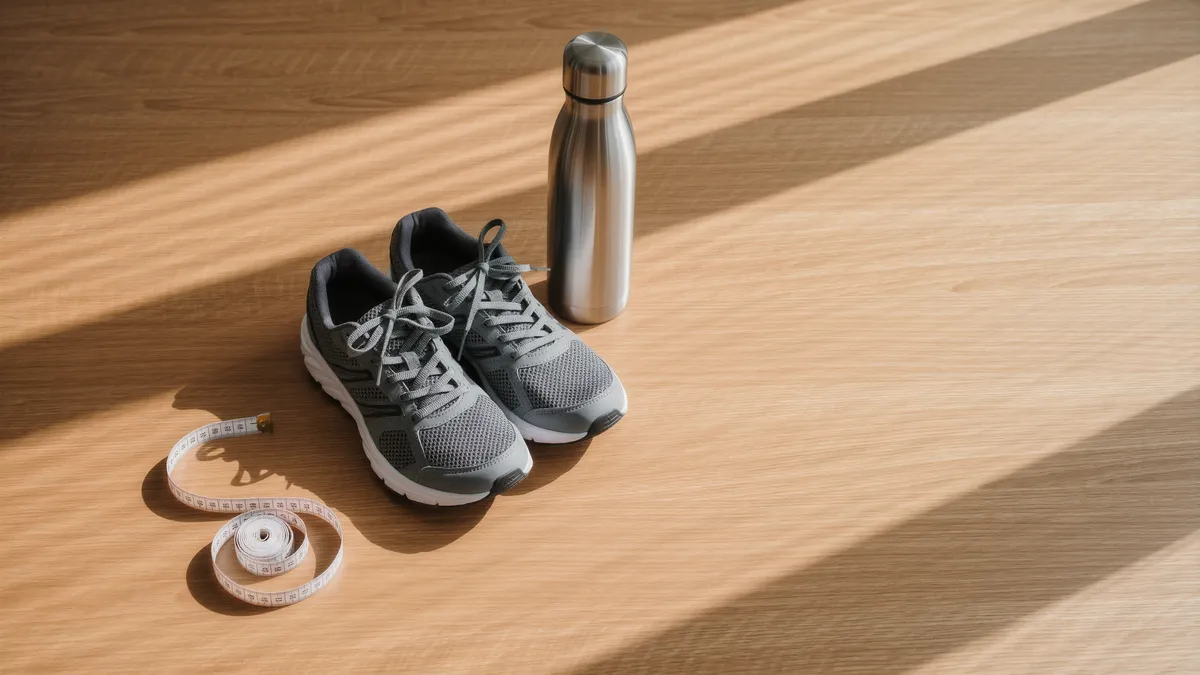 A tape measure on a wooden table next to a pair of walking shoes